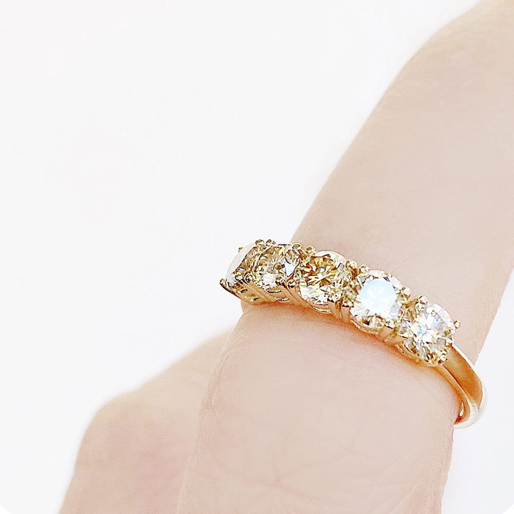 Round cut yellow moissanite half eternity ring in Yellow Gold - Victoria's Jewellery