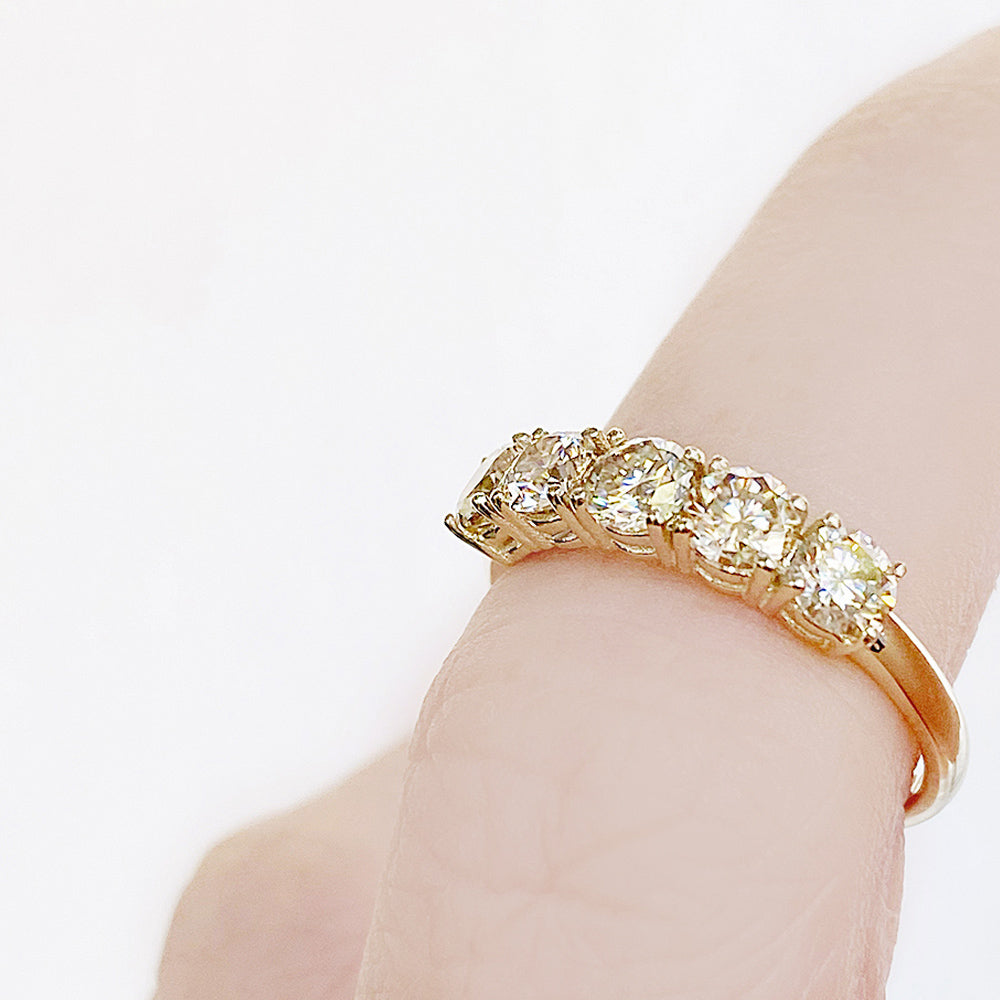 Round cut yellow moissanite half eternity ring in Yellow Gold - Victoria's Jewellery