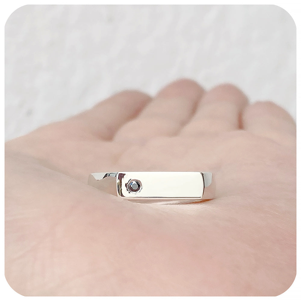 Modern Signet ring with round cut black Moissanite - Victoria's Jewellery