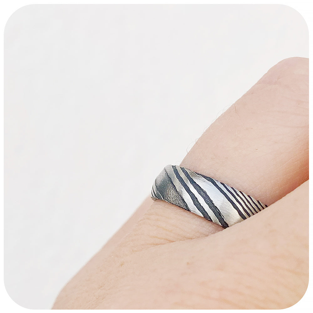 Silver and Black Damascus Tungsten Mens Wedding Ring - Victoria's Jewellery