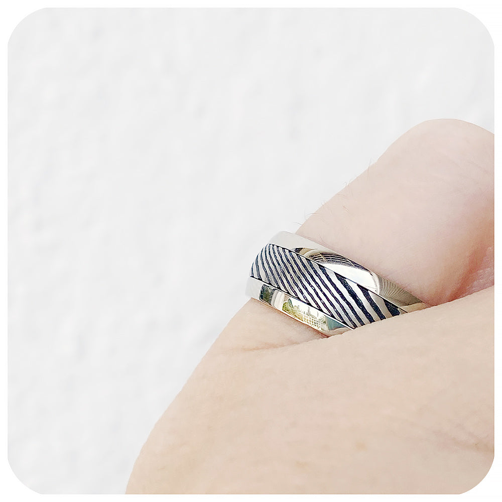 Black and White Damascus style Tungsten Mens Wedding Ring - Victoria's Jewellery