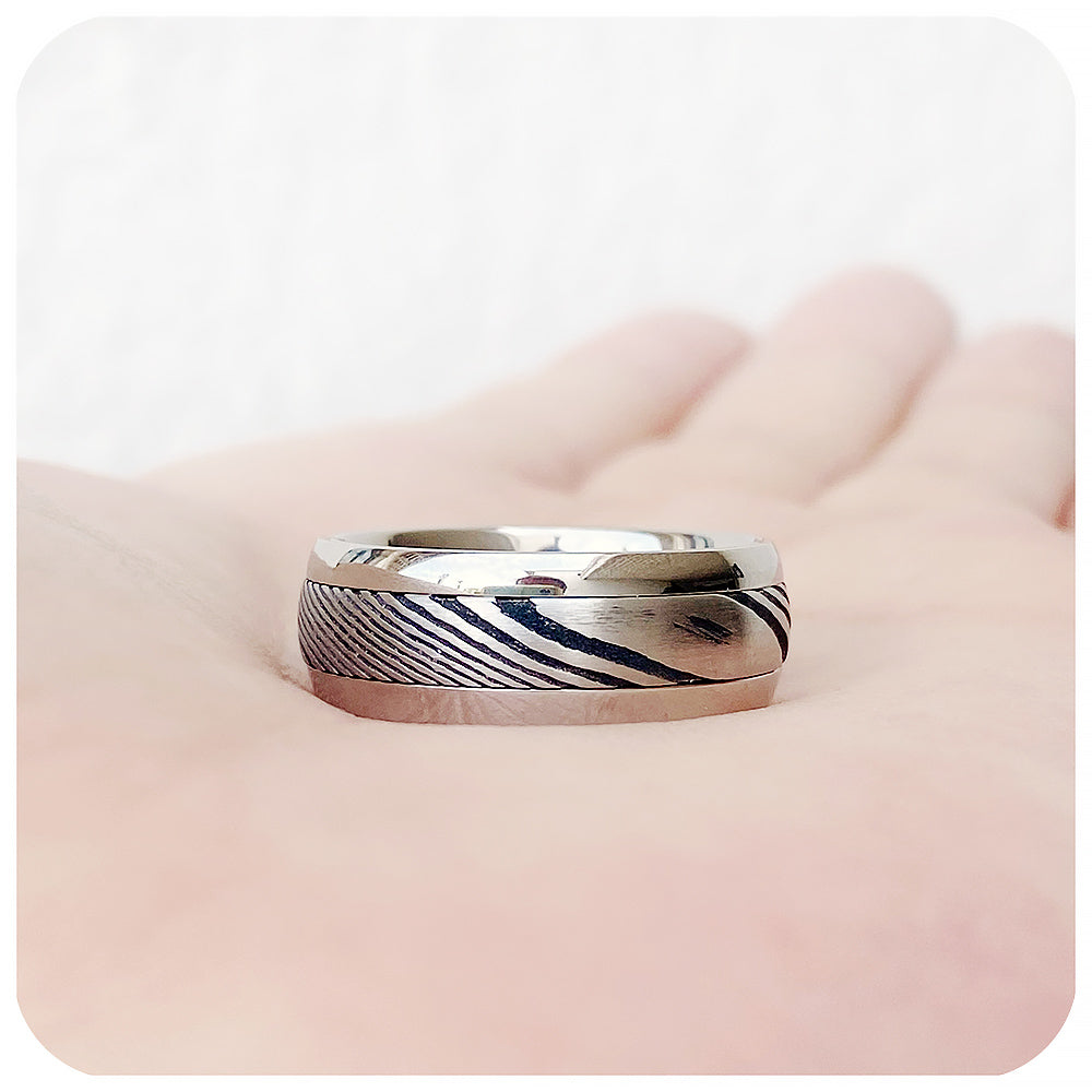 Black and White Damascus style Tungsten Mens Wedding Ring - Victoria's Jewellery