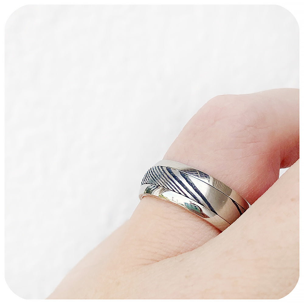 Black and White Damascus style Tungsten Mens Wedding Ring - Victoria's Jewellery