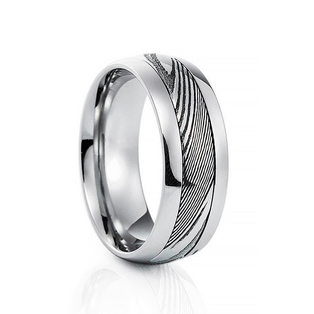 Black and White Damascus style Tungsten Mens Wedding Ring - Victoria's Jewellery