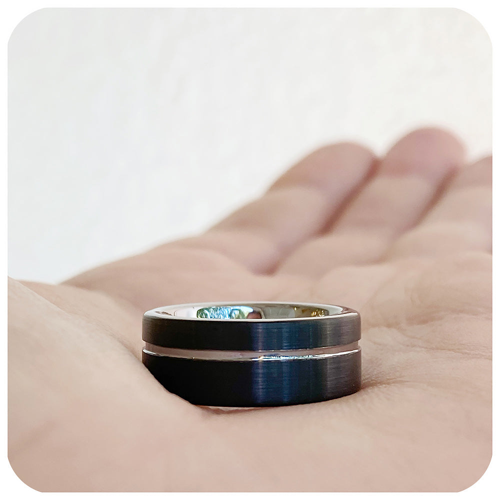 Everett, The Two Tone, Black and Silver Tungsten Men's Ring - 8mm