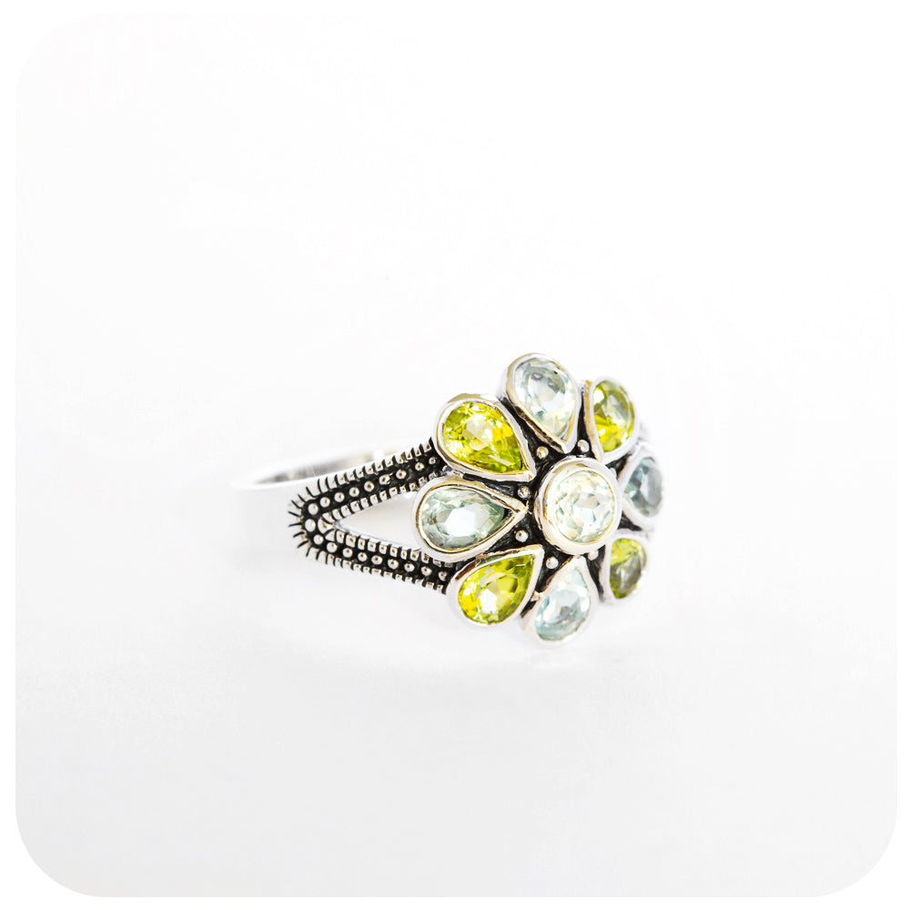 peridot and topaz flower design ring in silver