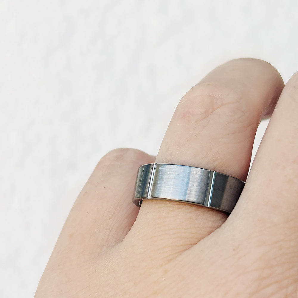 Brushed Tungsten Mens Wedding ring with horizontal grooves - Victoria's Jewellery