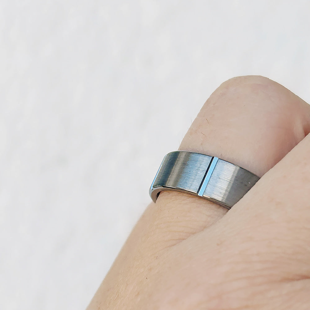 Brushed Tungsten Mens Wedding ring with horizontal grooves - Victoria's Jewellery
