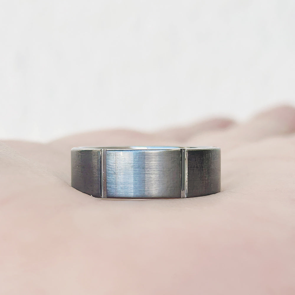 Brushed Tungsten Mens Wedding ring with horizontal grooves - Victoria's Jewellery
