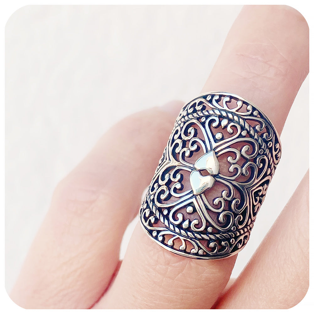 Double Heart and Swirl Oxidised Ring in Sterling Silver