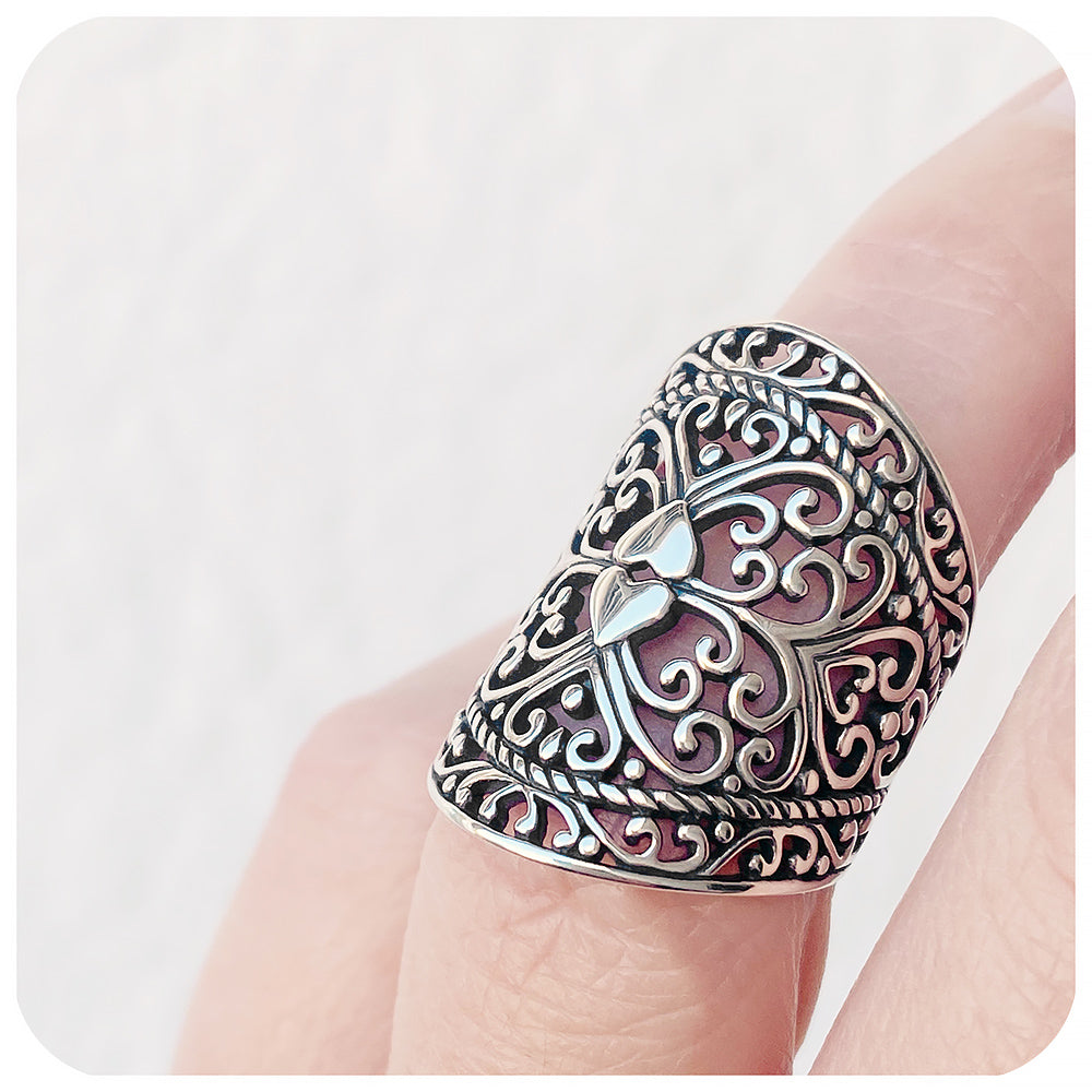 Double Heart and Swirl Oxidised Ring in Sterling Silver