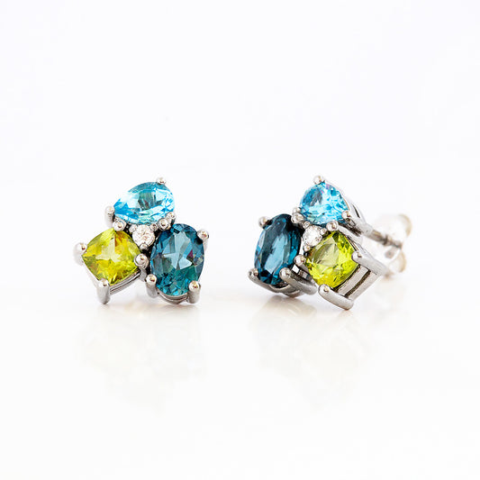 Topaz, Peridot and Diamond Cluster Stud Earrings in White Gold - Victoria's Jewellery