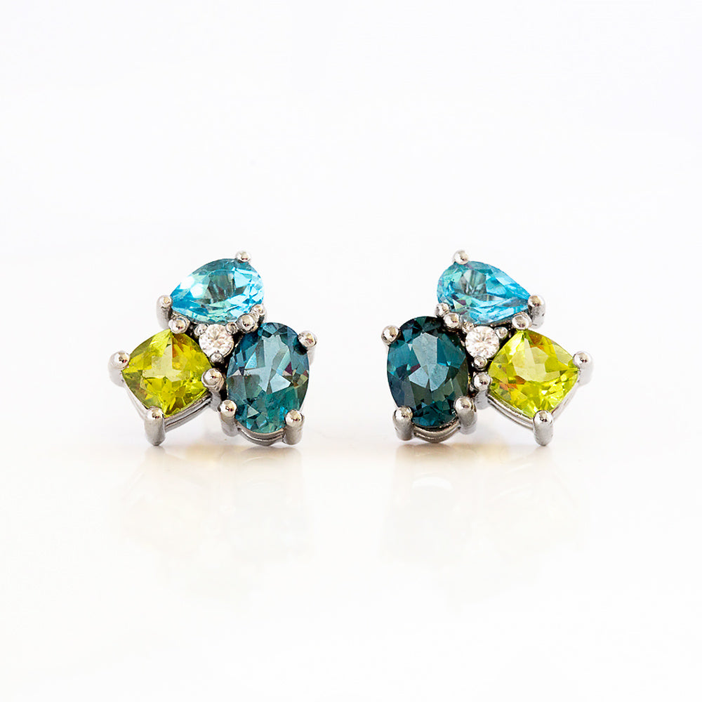 Topaz, Peridot and Diamond Cluster Stud Earrings in White Gold - Victoria's Jewellery