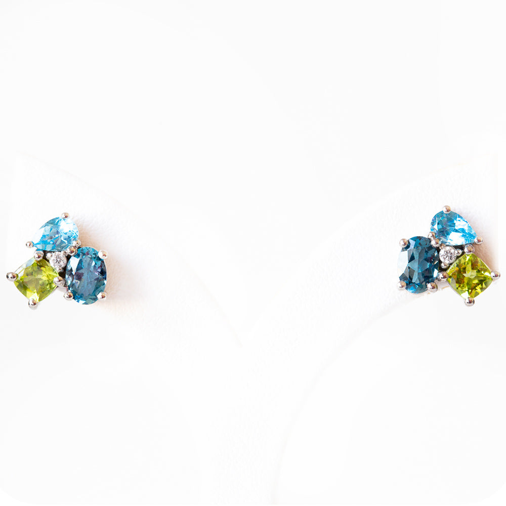 Topaz, Peridot and Diamond Cluster Stud Earrings in White Gold - Victoria's Jewellery