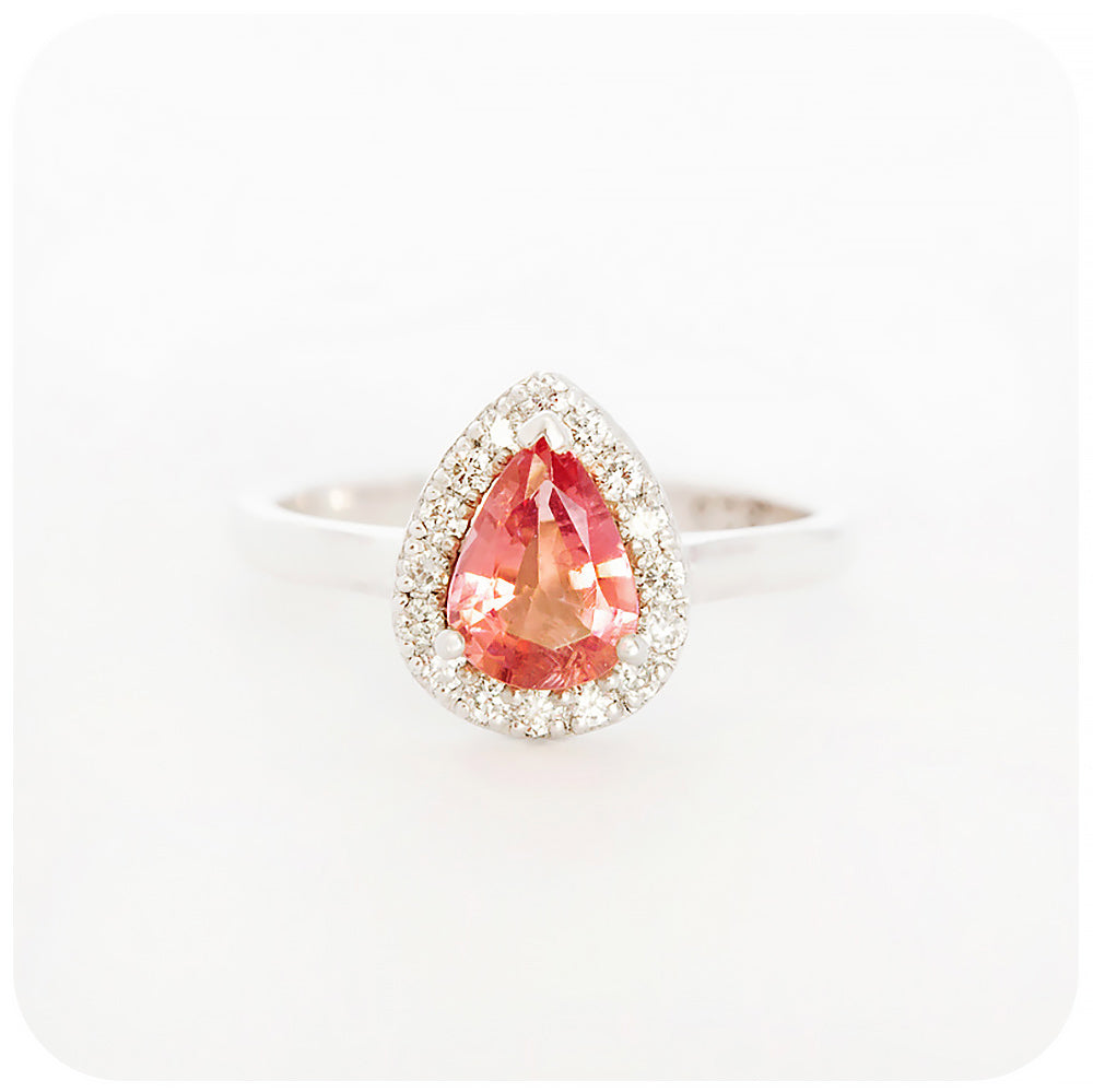 Pear cut Pink Tourmaline and Diamond Halo Engagement Ring - Victoria's Jewellery