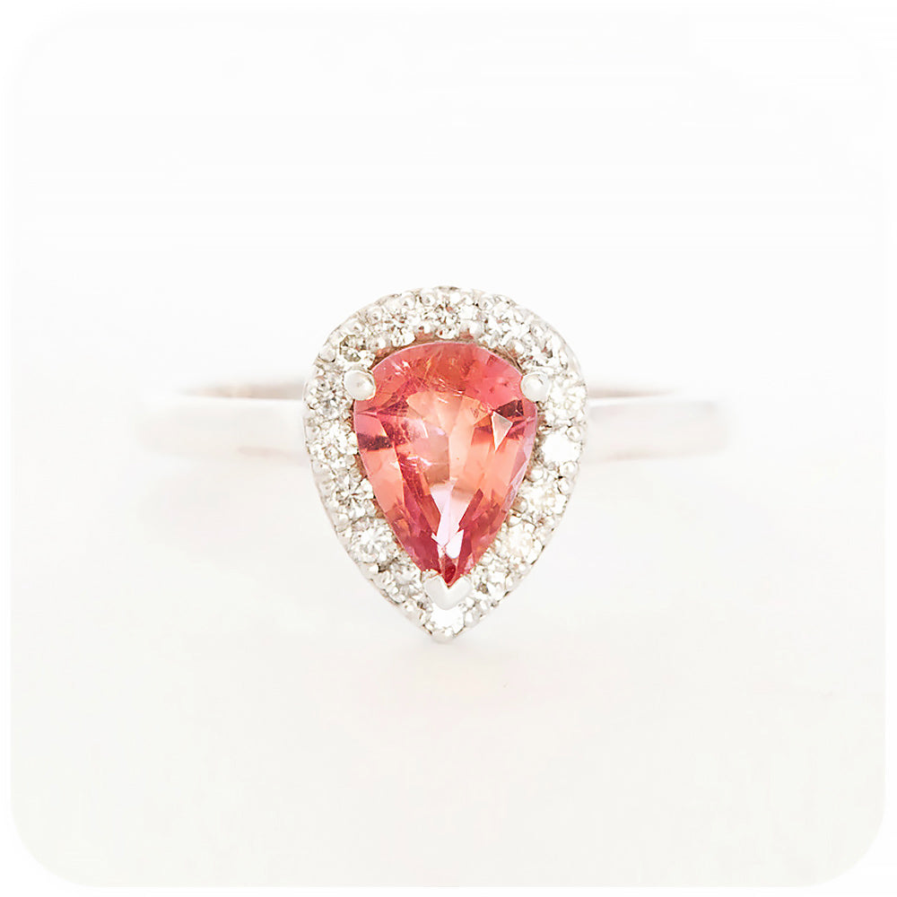 Pear cut Pink Tourmaline and Diamond Halo Engagement Ring - Victoria's Jewellery