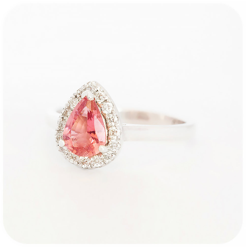 Pear cut Pink Tourmaline and Diamond Halo Engagement Ring - Victoria's Jewellery