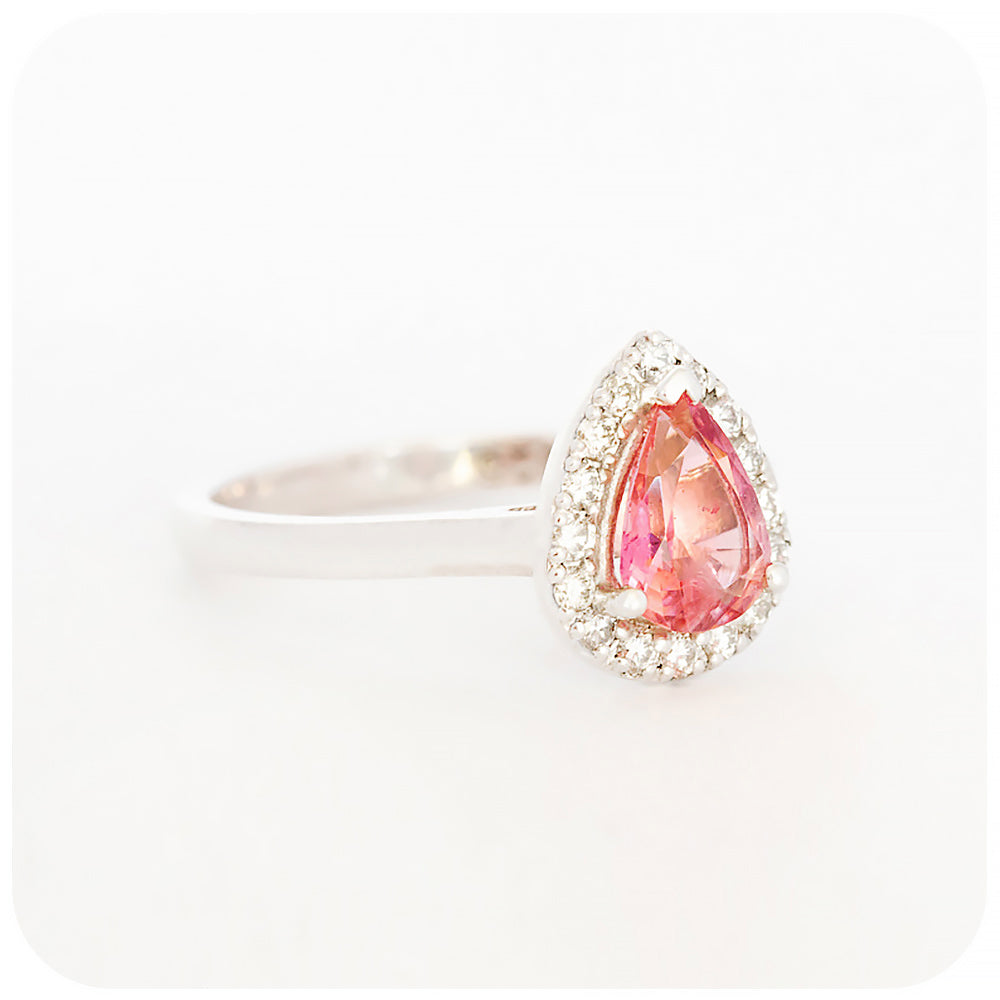 Pear cut Pink Tourmaline and Diamond Halo Engagement Ring - Victoria's Jewellery