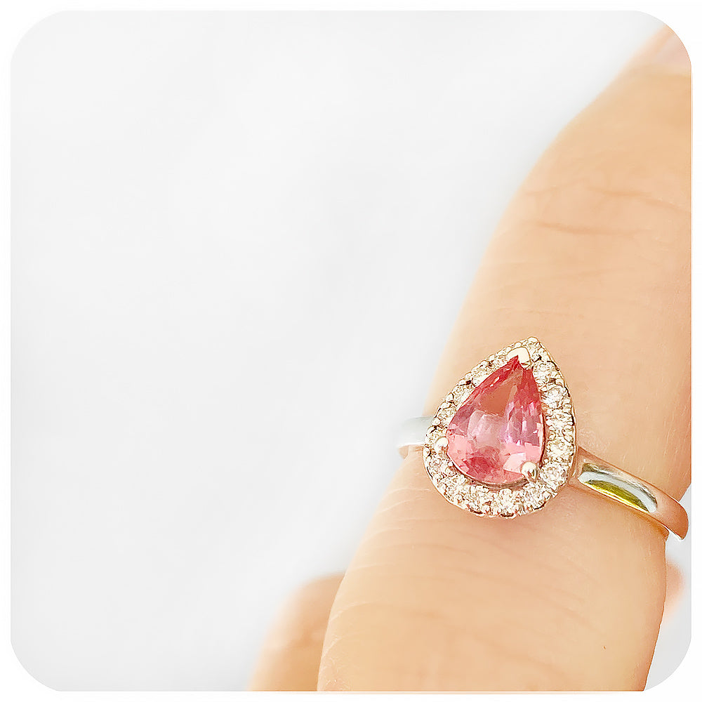 Pear cut Pink Tourmaline and Diamond Halo Engagement Ring - Victoria's Jewellery