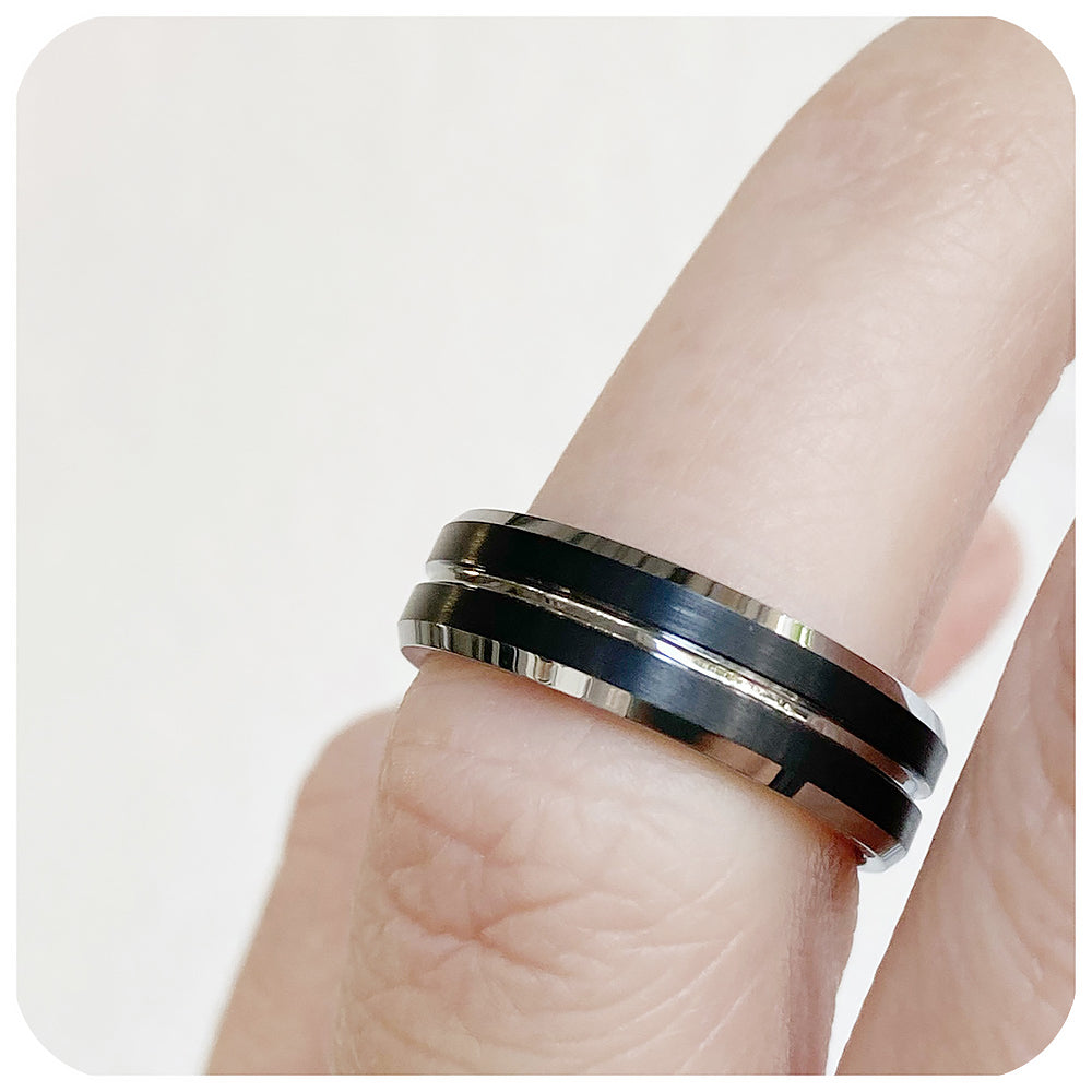 Silver and Black Tungsten Mens Wedding Ring - Victoria's Jewellery