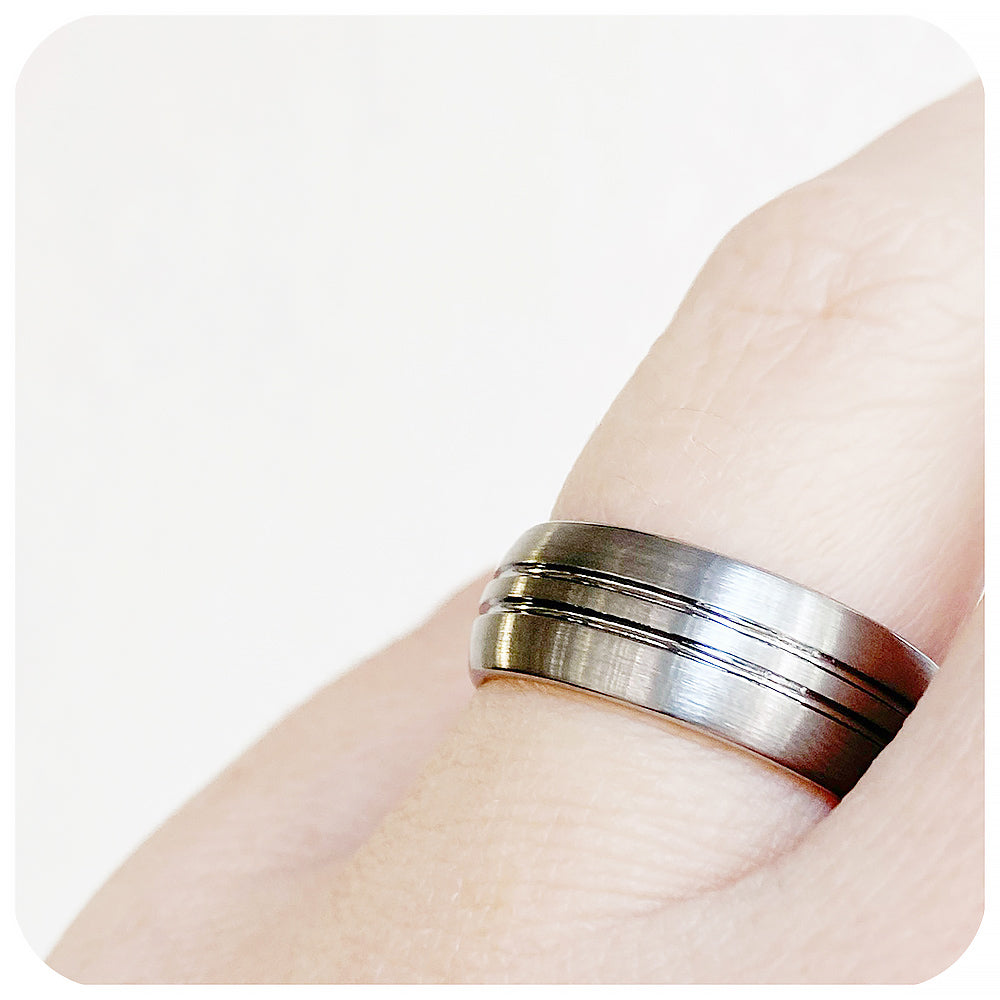 Double Groove Brushed Silver Tungsten Mens Wedding Ring - Victoria's Jewellery