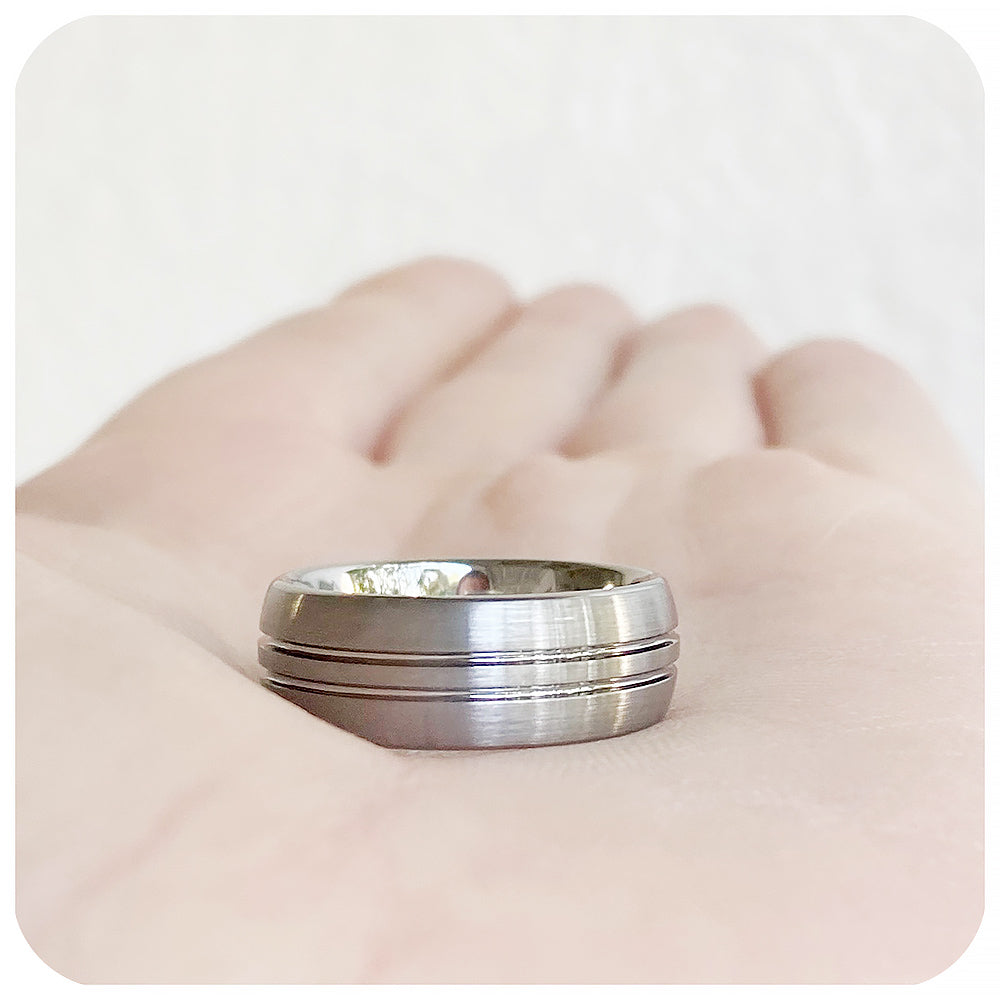 Double Groove Brushed Silver Tungsten Mens Wedding Ring - Victoria's Jewellery