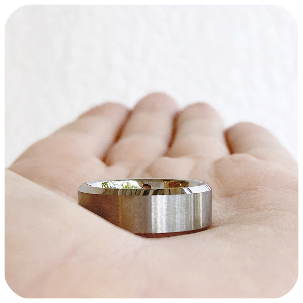 Brushed Bevelled Edge Tungsten Mens Wedding Ring - Victoria's Jewellery