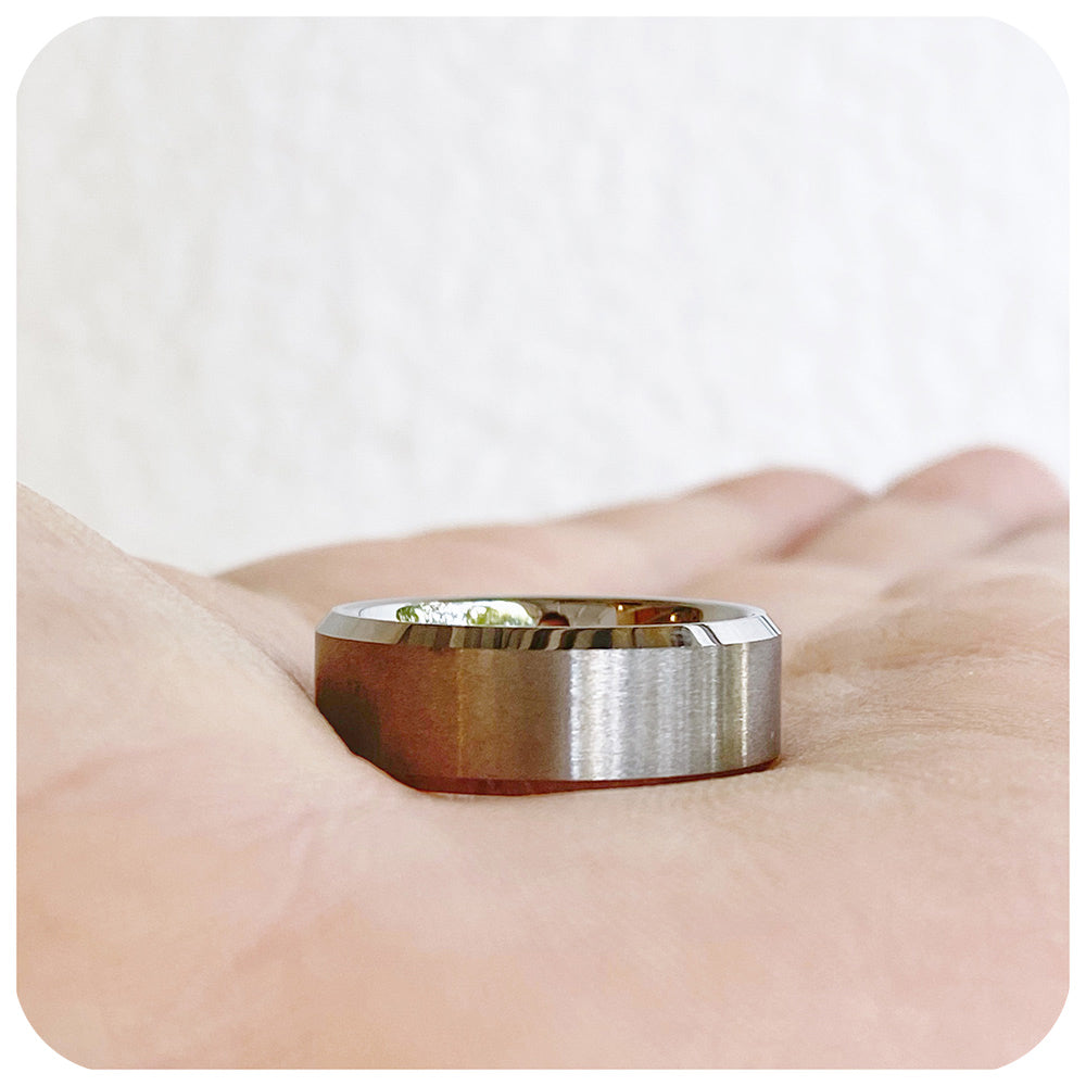 Brushed Bevelled Edge Tungsten Mens Wedding Ring - Victoria's Jewellery