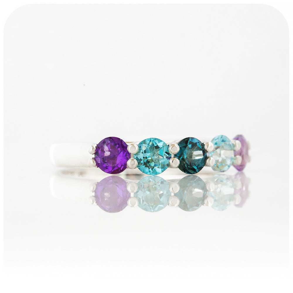 The Danelle, a Topaz and Amethyst Rainbow Half Eternity Trellis Ring