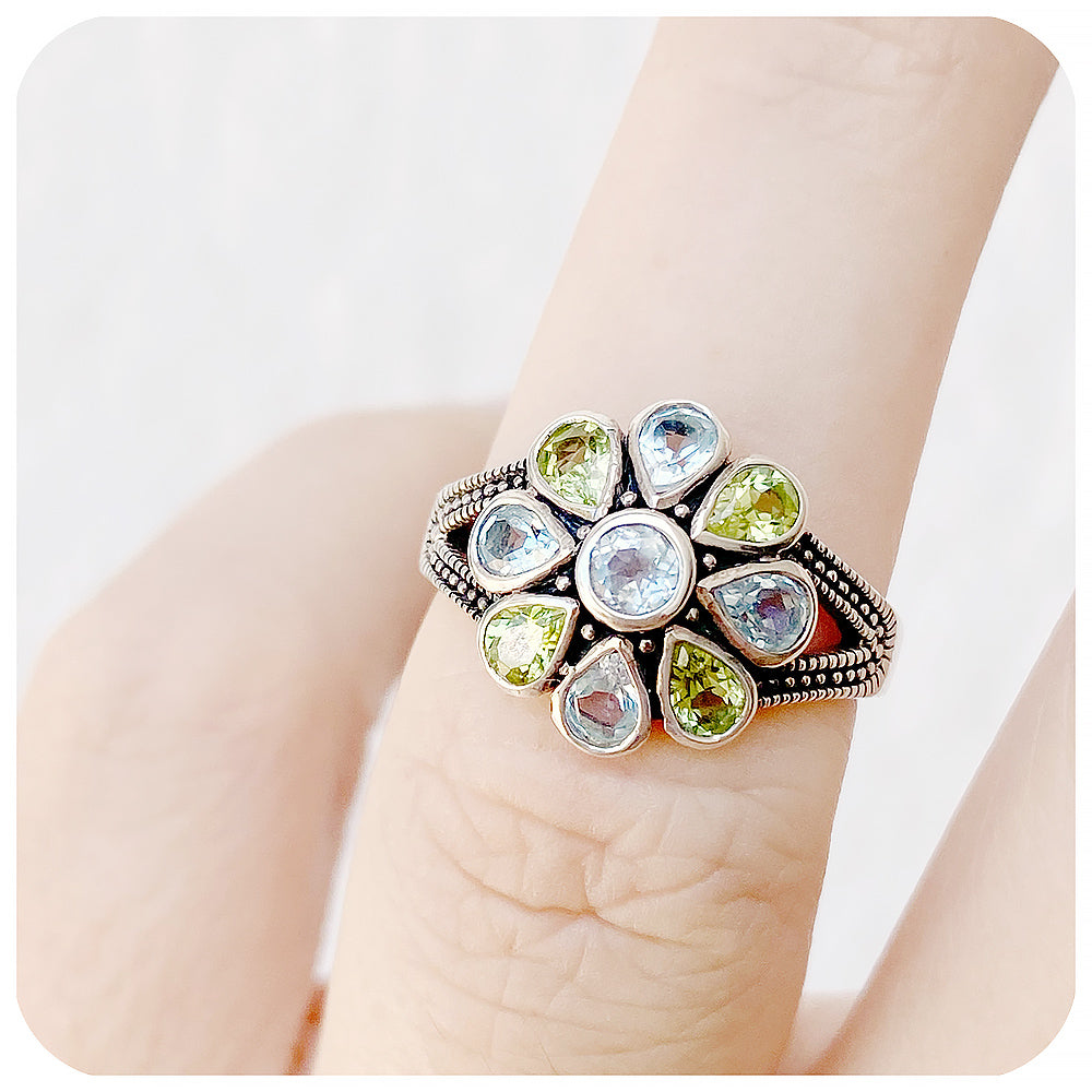 peridot and topaz flower design ring in silver