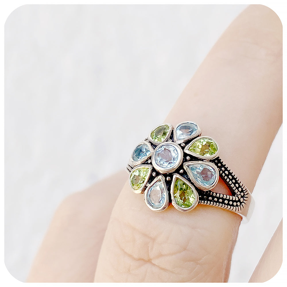 peridot and topaz flower design ring in silver