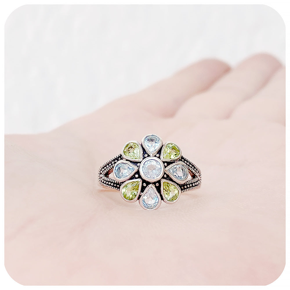 peridot and topaz flower design ring in silver