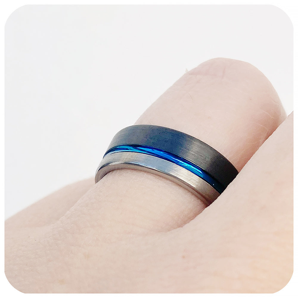 Gregory, Black, Silver and Blue Groove Tungsten Men's Ring