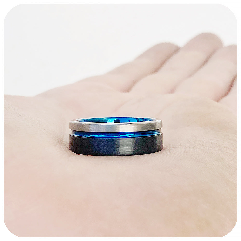 Black, Silver and Blue Groove Tungsten Mens Wedding Ring - Victoria's Jewellery