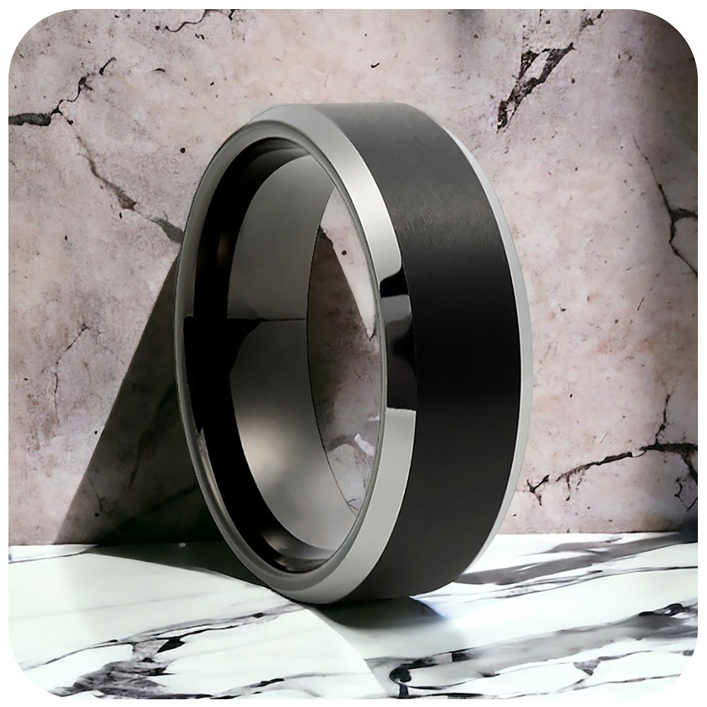 Black brushed tungsten mens wedding ring with shiny polished edges - Victoria's Jewellery