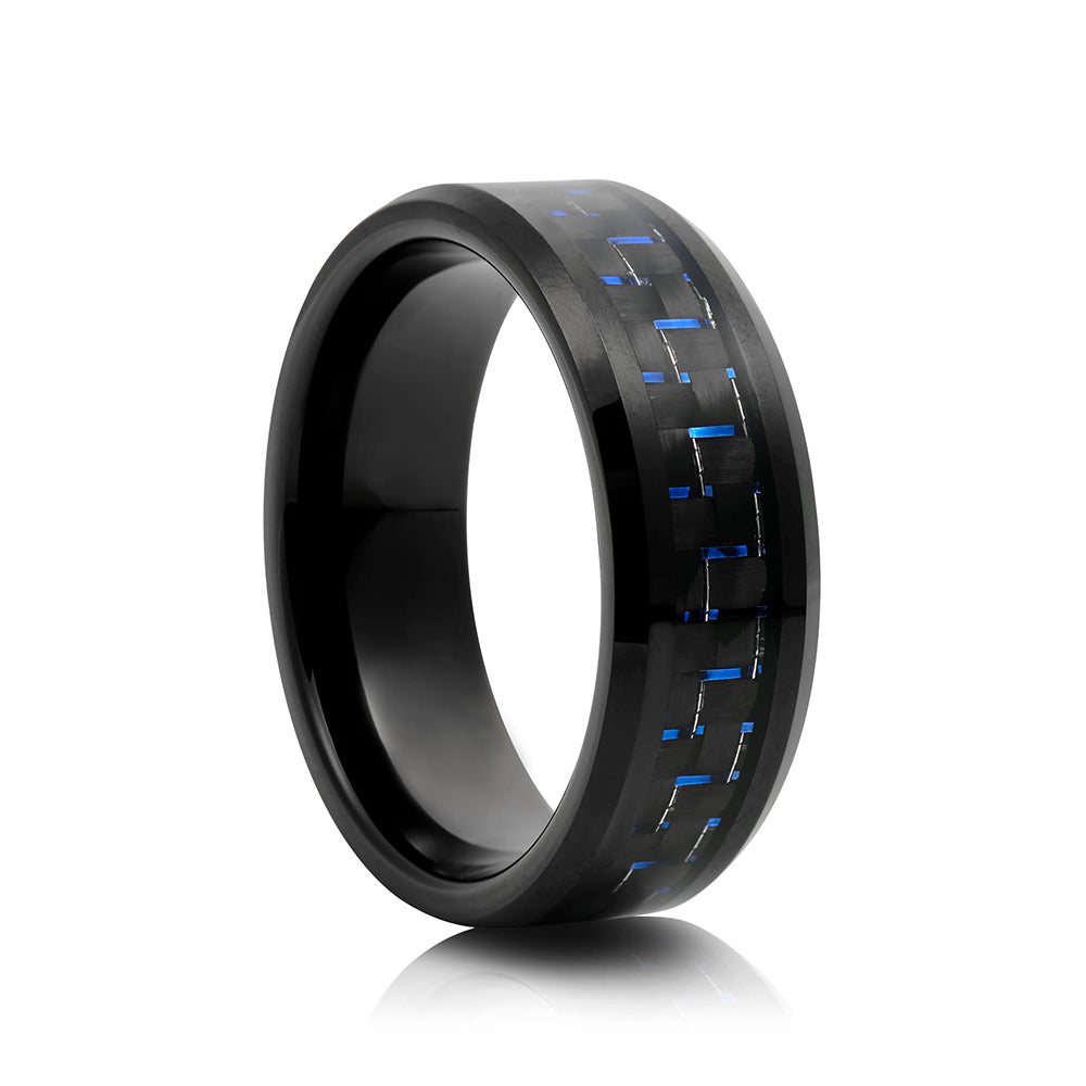Sam, a Men's Tungsten Ring with Black and Blue Carbon Fiber Inlay - 8mm