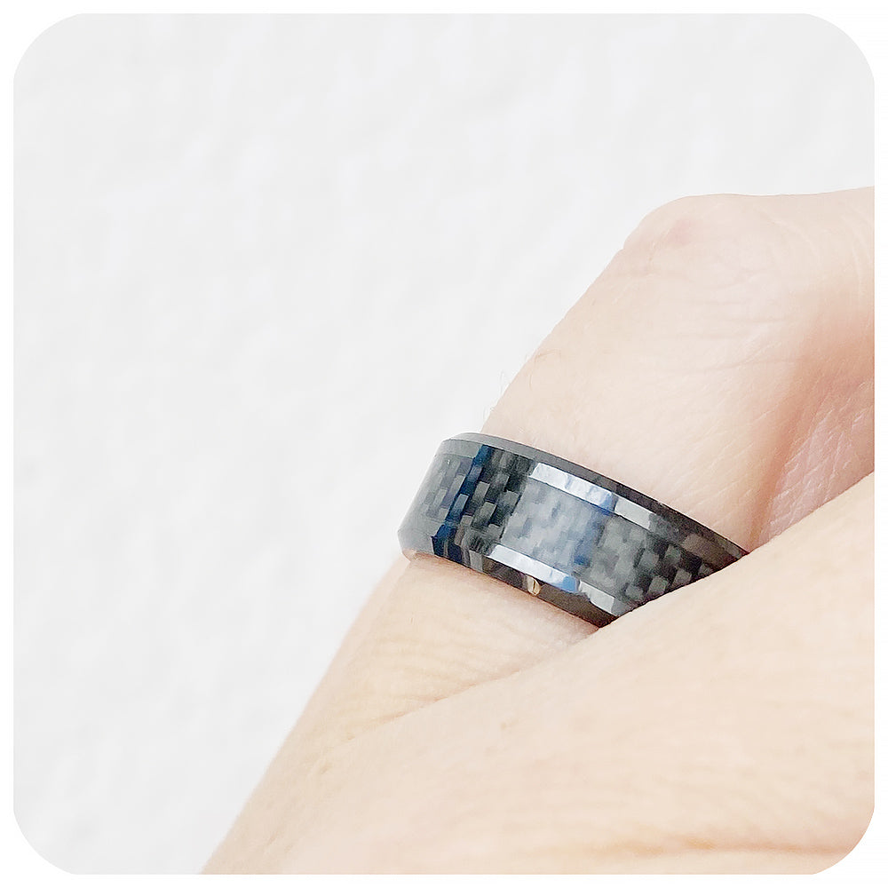 mens engagement wedding ring in tungsten with carbon fibre inlay - Victoria's Jewellery