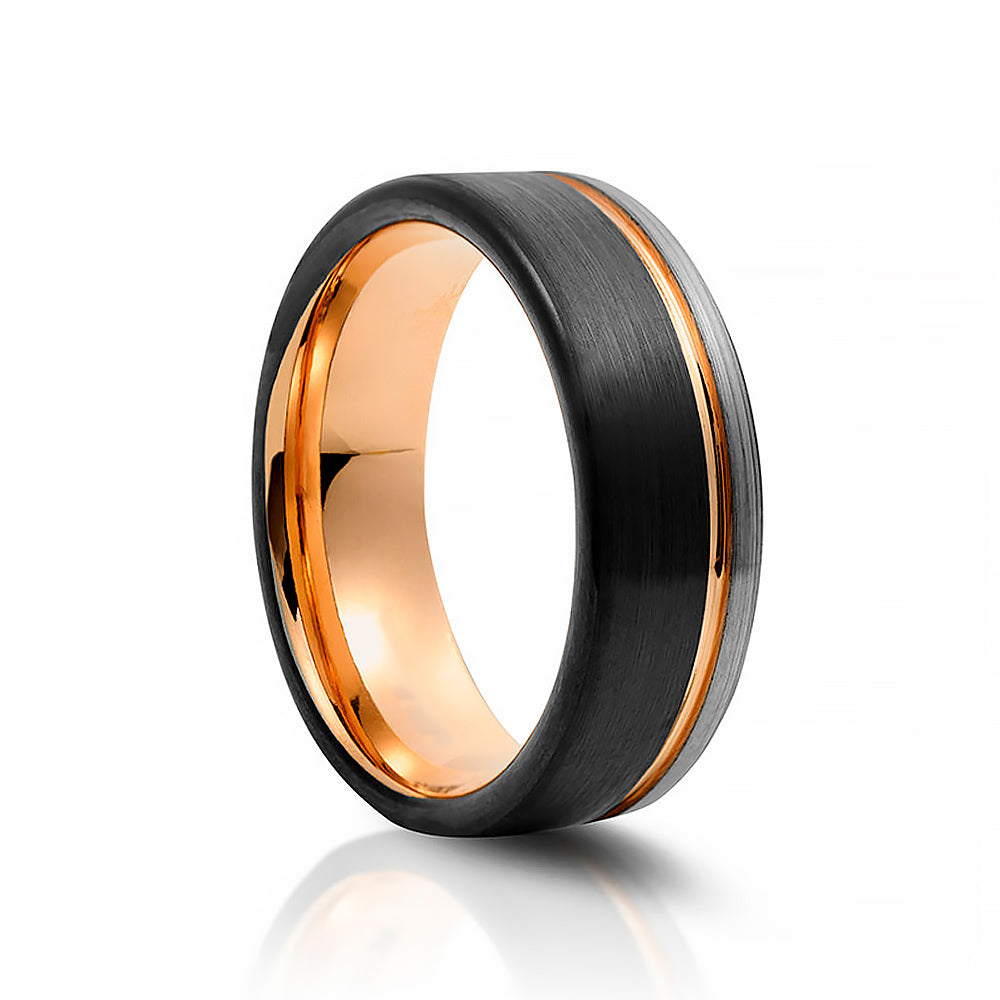 Silver, Black and Rose Gold Tungsten Mens Wedding Ring - Victoria's Jewellery