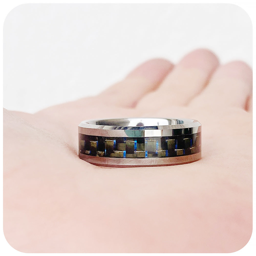 Xavier, a Men's Tungsten Ring with Black and Blue Carbon Fiber Inlay - 8mm
