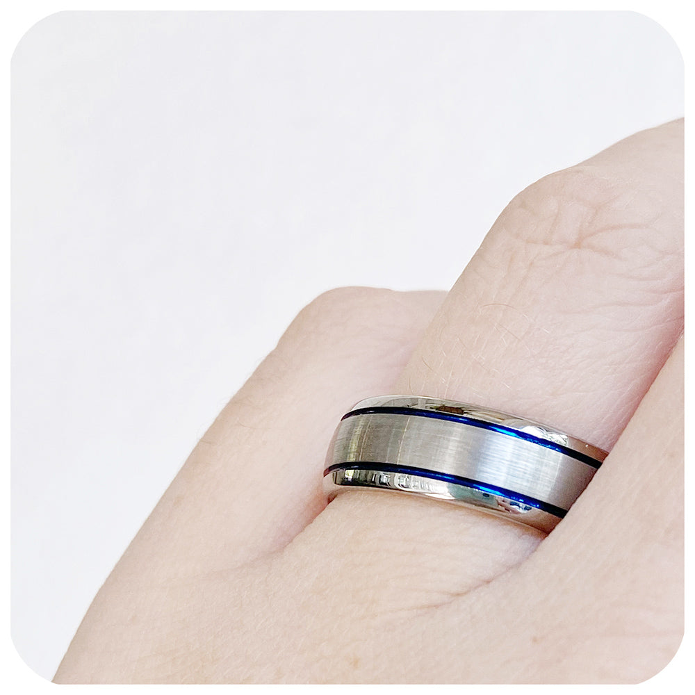 Double Blue Groove Brushed Silver Tungsten Mens Wedding Ring - Victoria's Jewellery