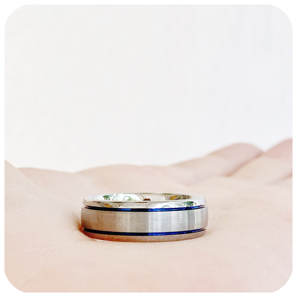 Double Blue Groove Brushed Silver Tungsten Mens Wedding Ring - Victoria's Jewellery