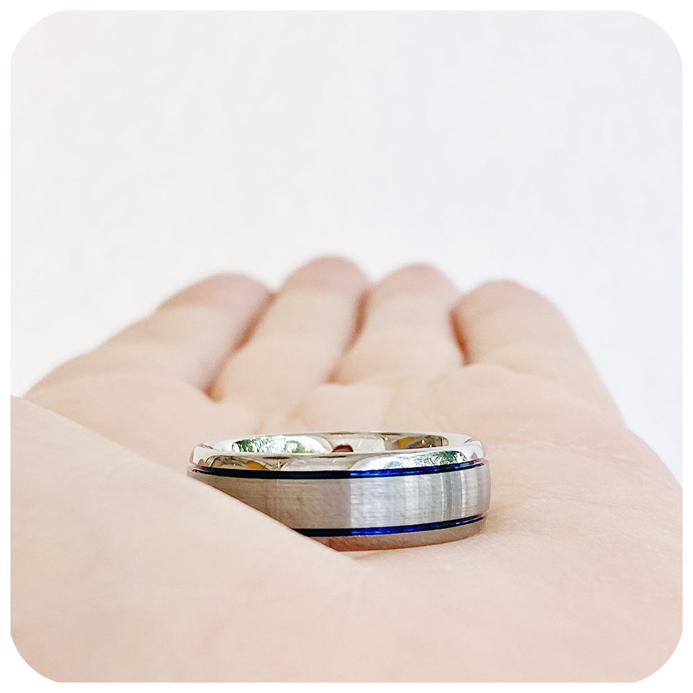 Double Blue Groove Brushed Silver Tungsten Mens Wedding Ring - Victoria's Jewellery