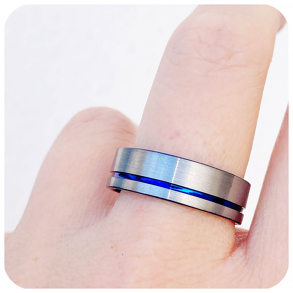 Blue Groove and Silver Brushed Tungsten Mens Wedding Ring - Victoria's Jewellery