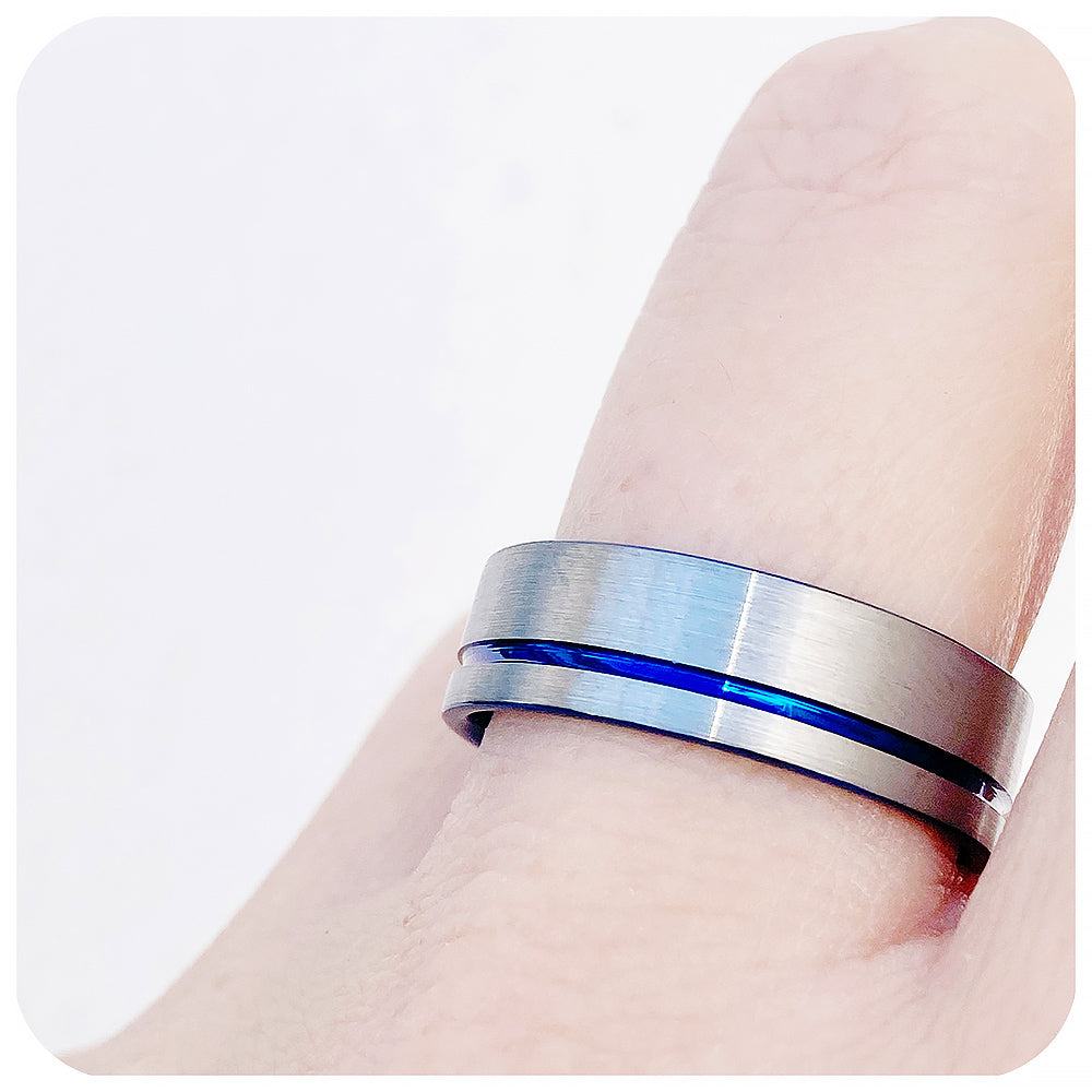 Blue Groove and Silver Brushed Tungsten Mens Wedding Ring - Victoria's Jewellery