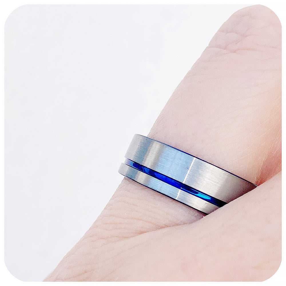 Blue Groove and Silver Brushed Tungsten Mens Wedding Ring - Victoria's Jewellery