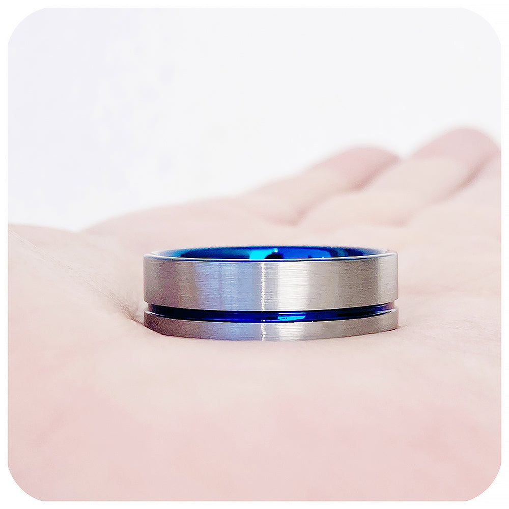 Blue Groove and Silver Brushed Tungsten Mens Wedding Ring - Victoria's Jewellery