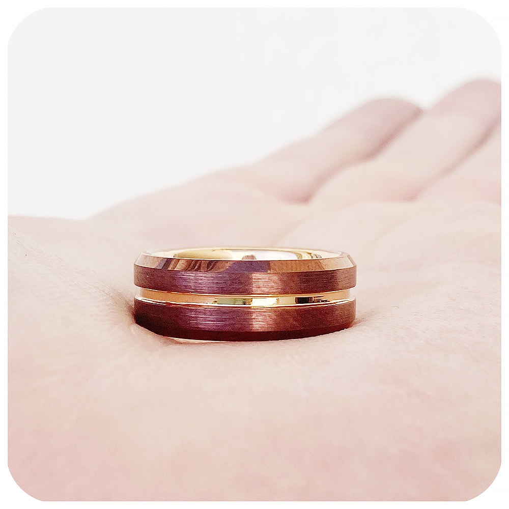 Dean, a Coffee Bronze and Rose Gold Tungsten Ring - 8mm