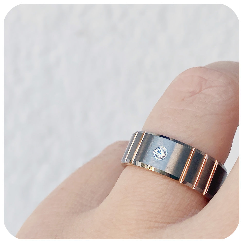 Tungsten mens wedding ring with silver brushed finish and rose gold plating, featuring a cubic zirconia stone - Victoria's Jewellery