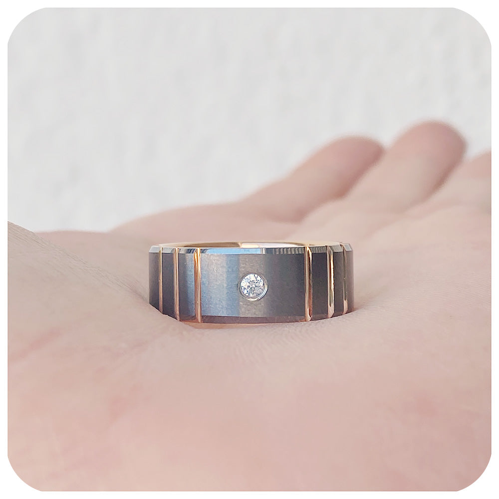 Tungsten mens wedding ring with silver brushed finish and rose gold plating, featuring a cubic zirconia stone - Victoria's Jewellery