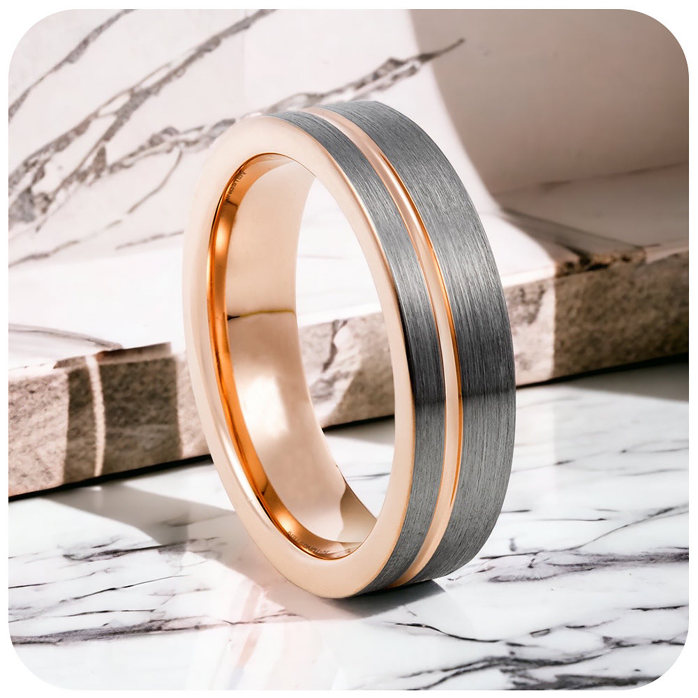 Brushed Silver and Rose Gold Groove Mens Tungsten Wedding Ring - Victoria's Jewellery